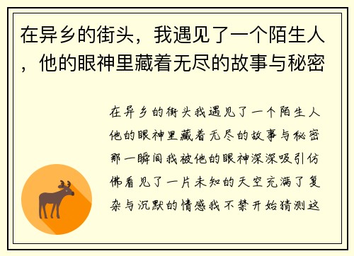 在异乡的街头，我遇见了一个陌生人，他的眼神里藏着无尽的故事与秘密
